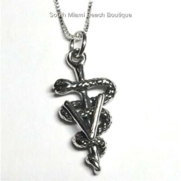 Sterling Silver Veterinarian Caduceus Necklace Doctor Vet Tech Graduation Gift - Picture 2 of 12